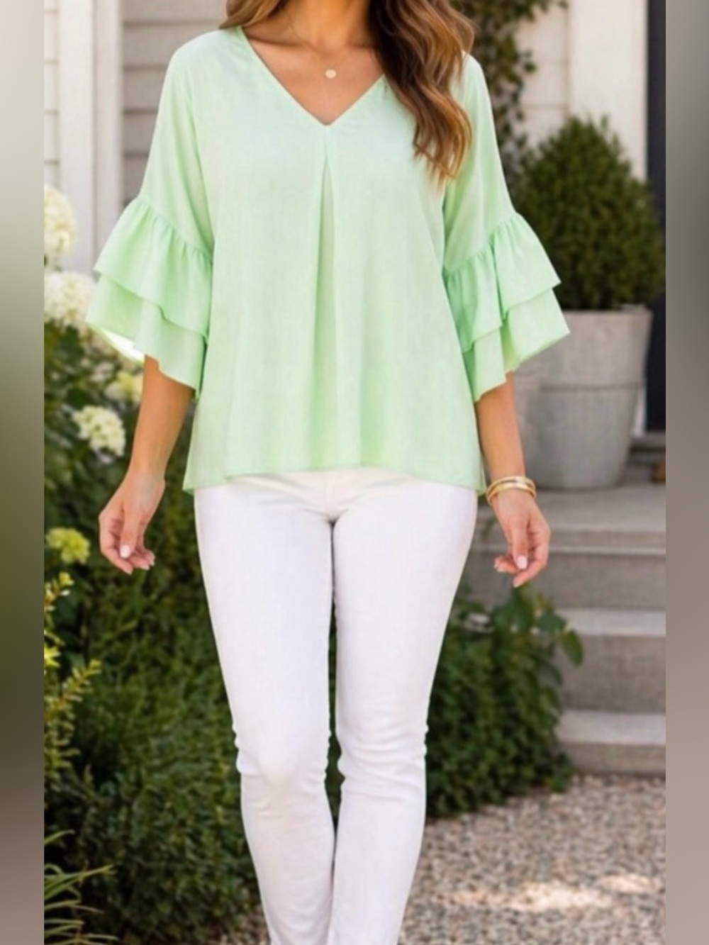 Crosby by Mollie Burch Mint Ruffle Sleeve Blouse Flowing Top L